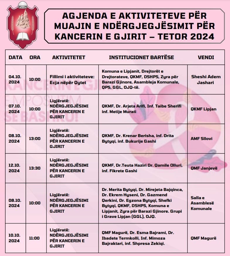 Njoftim – Agjenda e aktiviteteve për muajin e ndërgjegjësimit për kancerin e gjirit